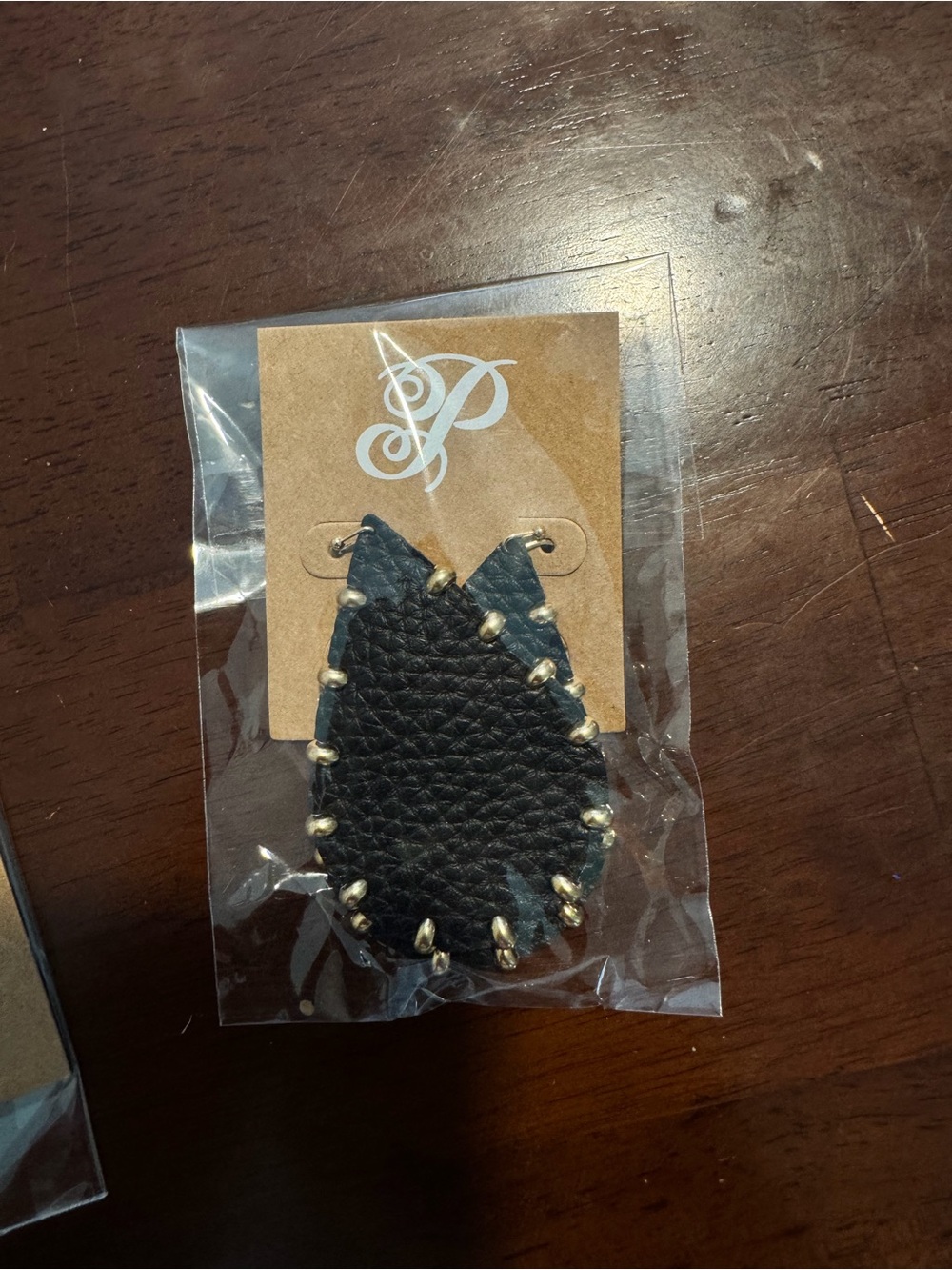 Plunder Black Teardrop Leather Earrings with Gold Accents
